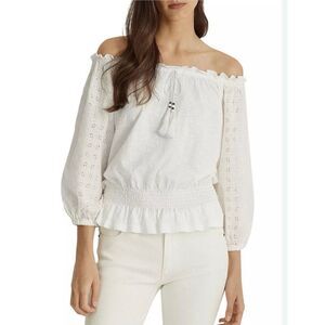 Lauren Ralph Lauren Womens Eyelet Off-The-Shoulder Pullover Top White Size Mediu